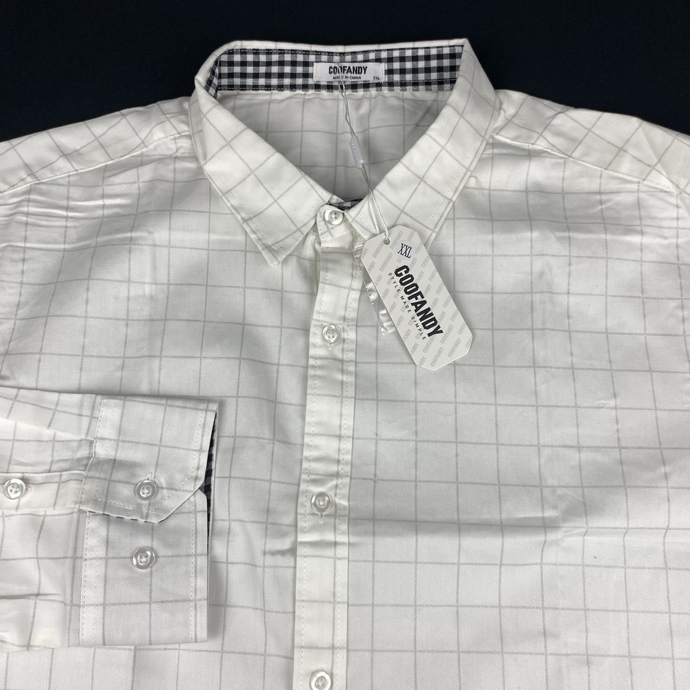 COOFANDY Shirt Mens XXL‎ White w/Gray Checks Buffalo Check Flip Cuffs NWT!